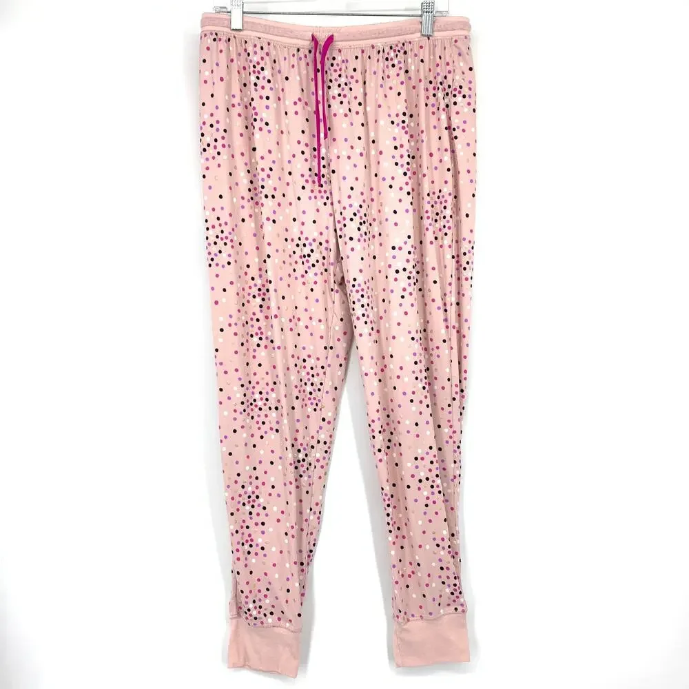 Kate Spade Pajama Set Womens Size L Pink Black Gold Polka Dot Novelty Print